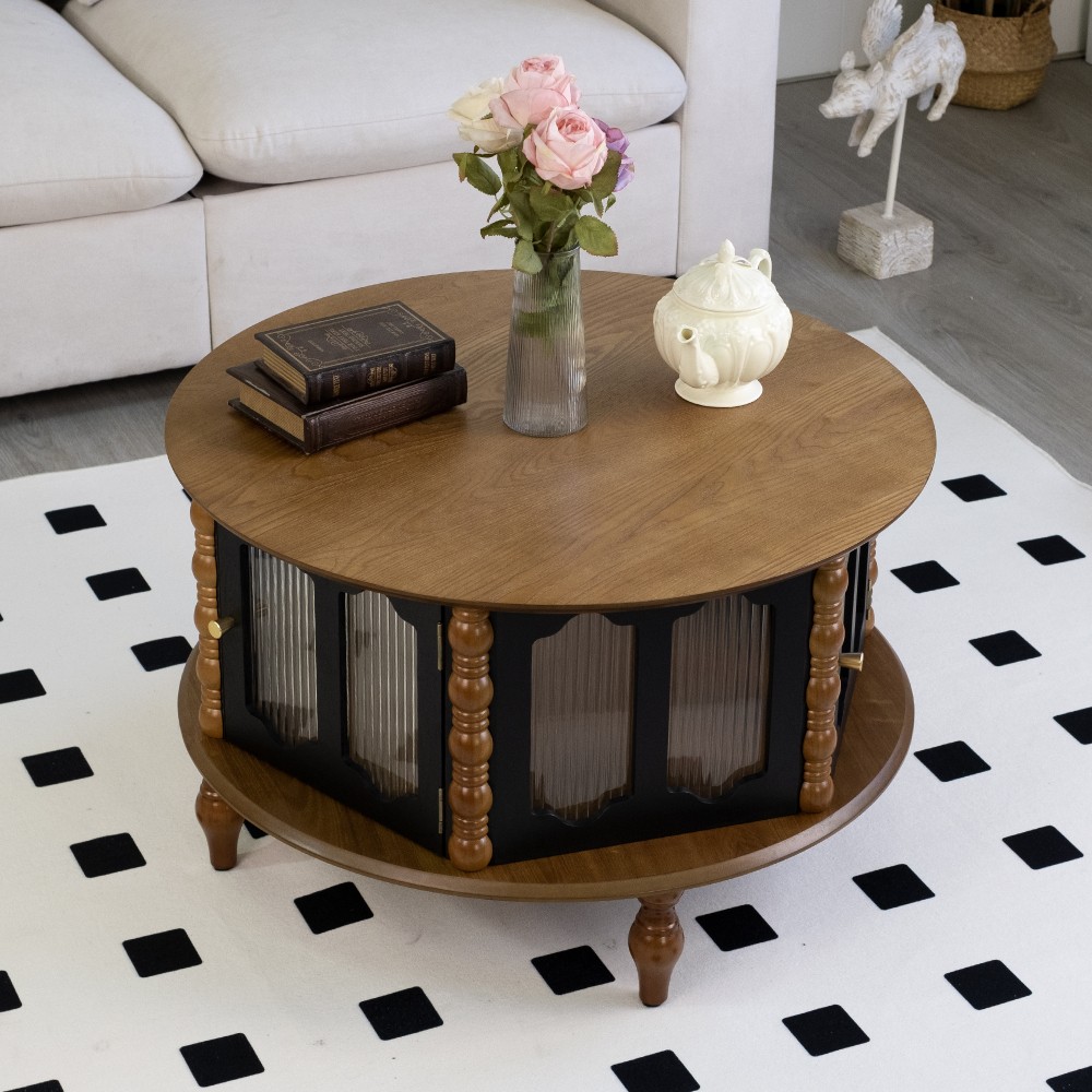 31.5 in Round Three-Door Storage Coffee Table Real Wood Veneer Coffee Table