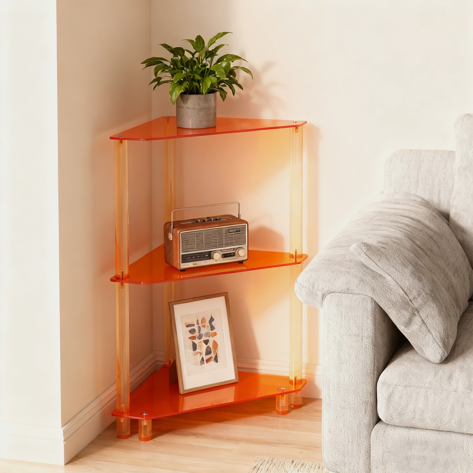 3 Tier Acrylic Living Room Side Table 11.8*11.8*26in Triangle End Table Orange