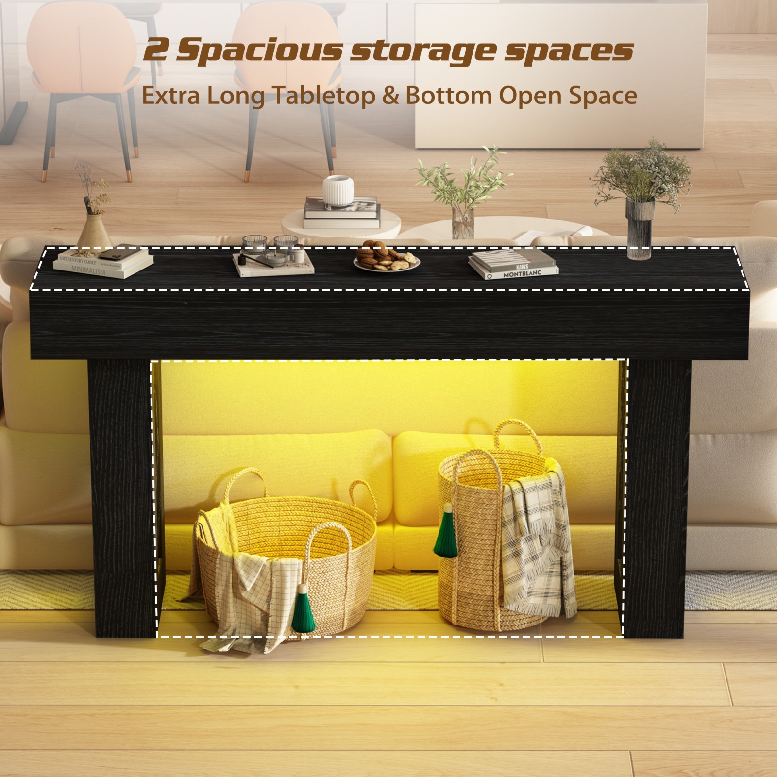 63 Inch Long Console Table with Outlets and USB Ports, Sofa Table with LED Light