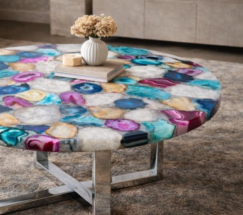 18″ Luxury Multi-Color Agate Round Coffee Table Natural Crystal Stone Home Decor