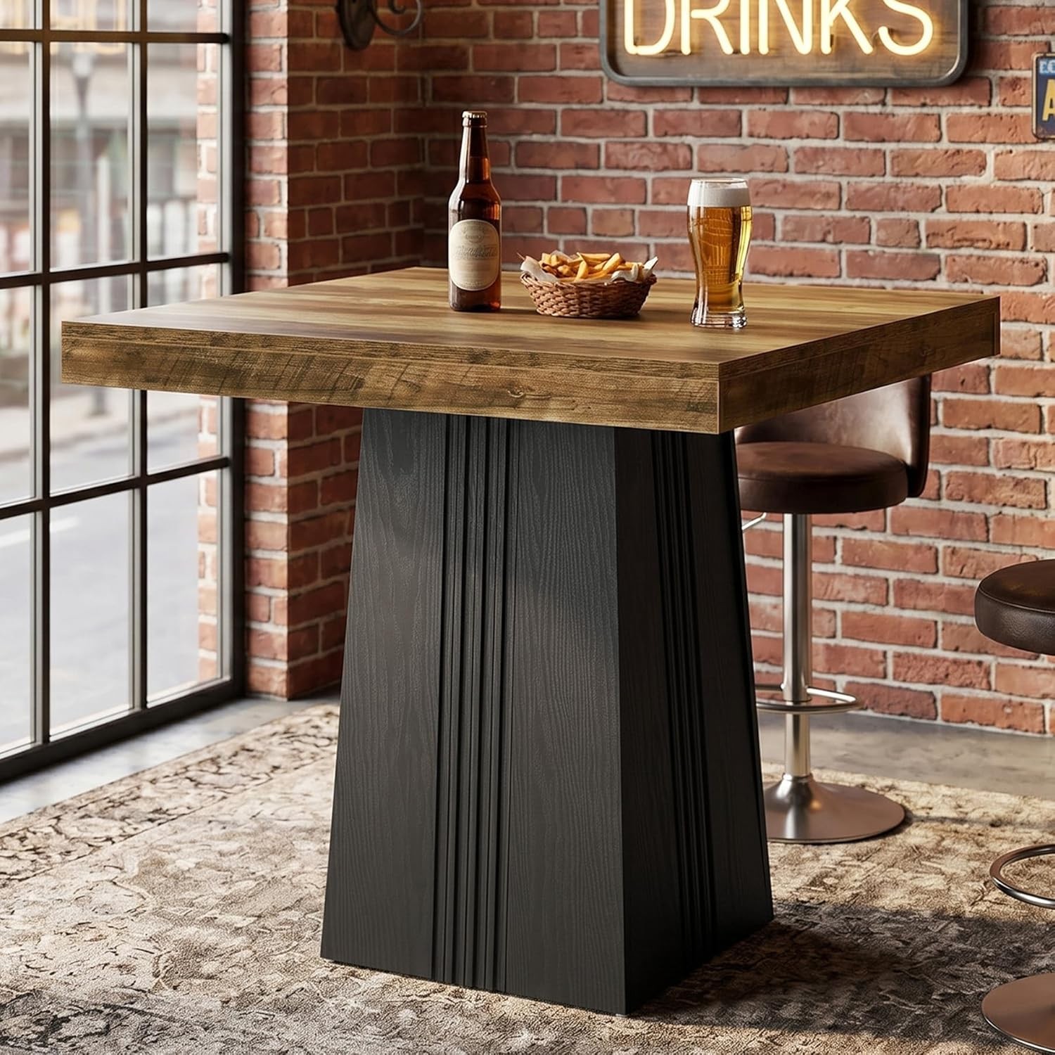 Square Bar Table, 35.4″ H Bistro Pub Table with Fluted Hollow Base for Home Bar