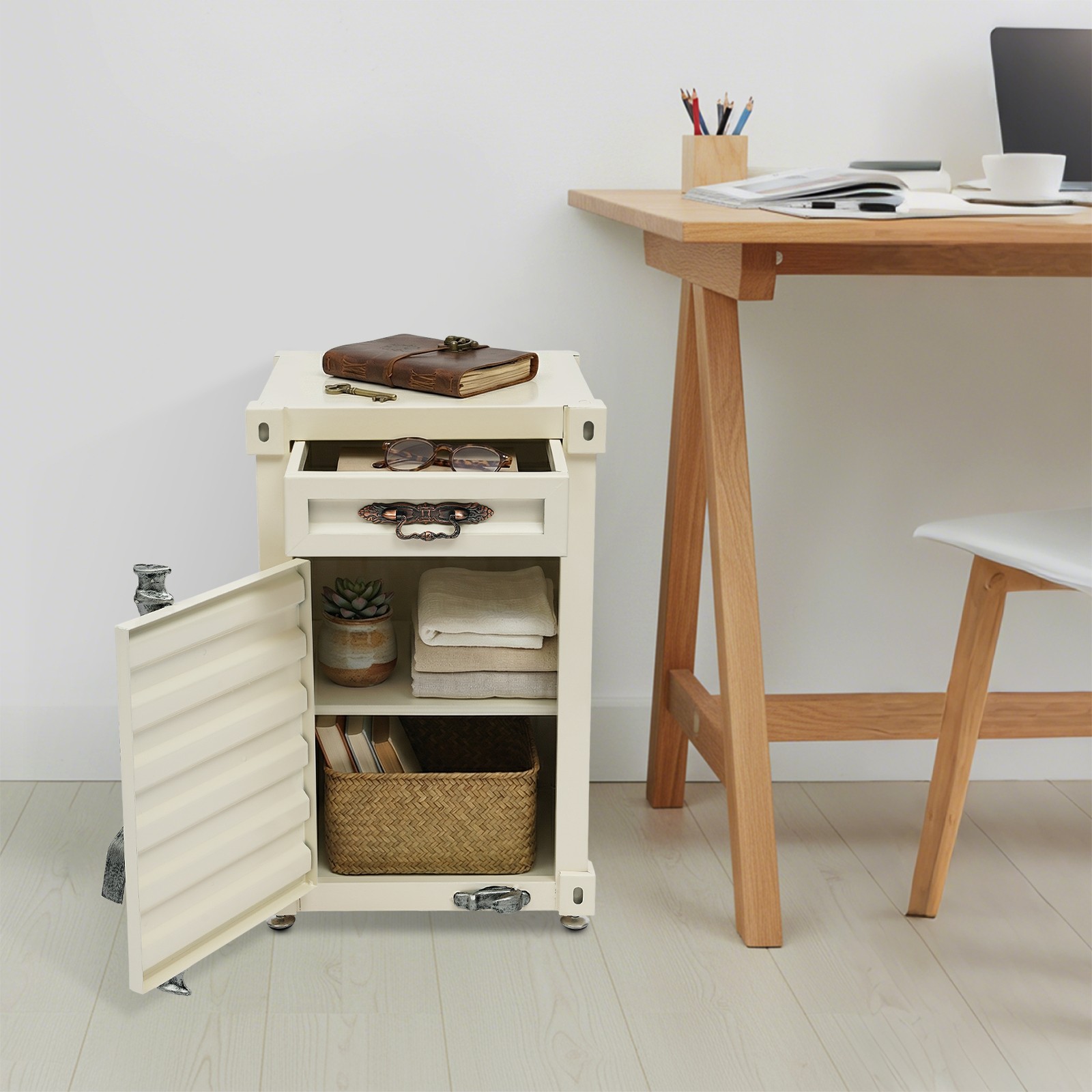 Industrial Metal Storage Cabinet with Lockable Drawer, Creamy White