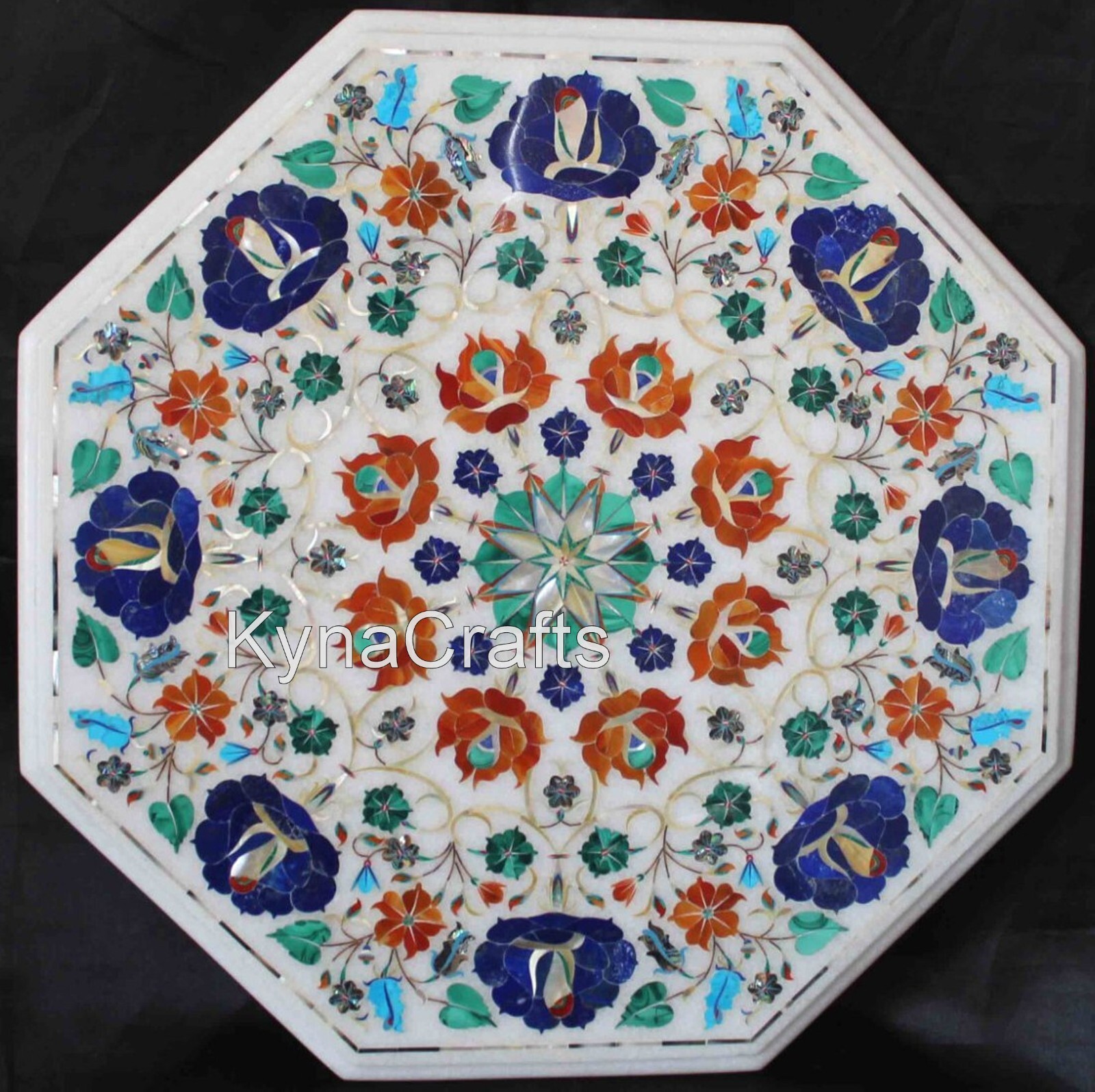 18 Inches Marble Coffee Table Top Multicolor Stone Inlay Work Bed Side Table