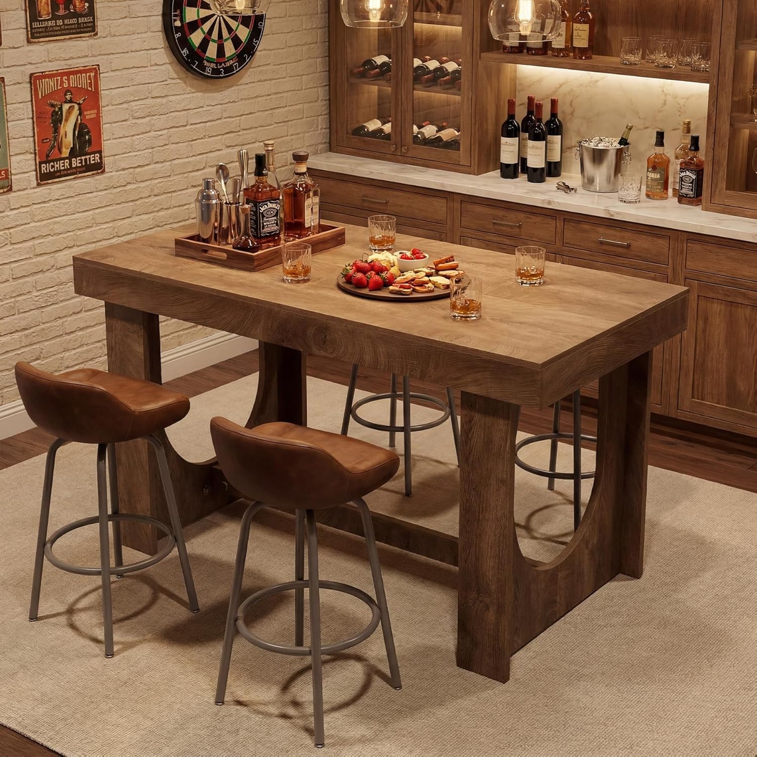 63-Inch Long Bar Table Industrial Wooden Counter Height Pub Table for Home Bar