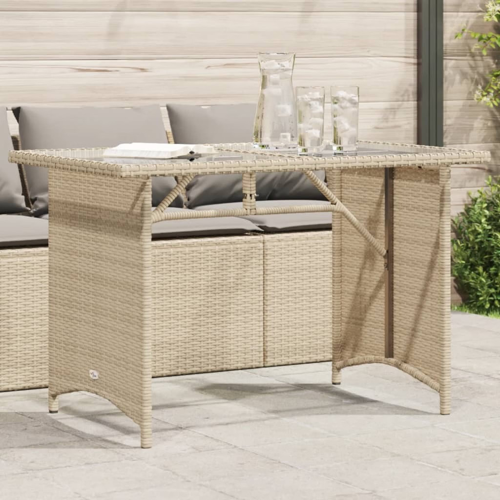Garden Table Beige PE rattan, powder-coated steel, tempered glass