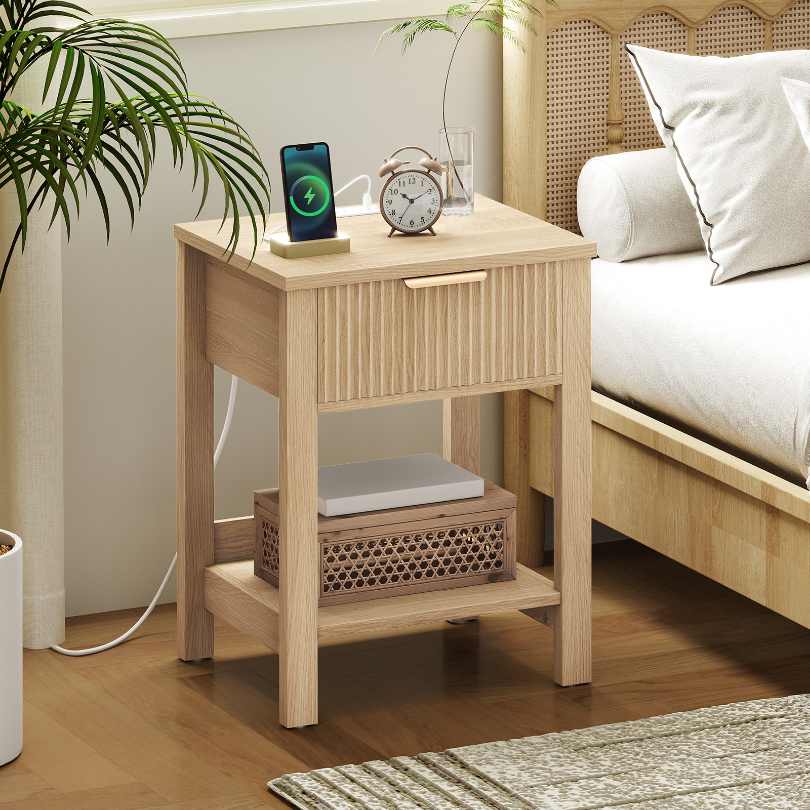 HOOBRO Fluted Nightstand with Charging Station End Table Bedside Table End Table