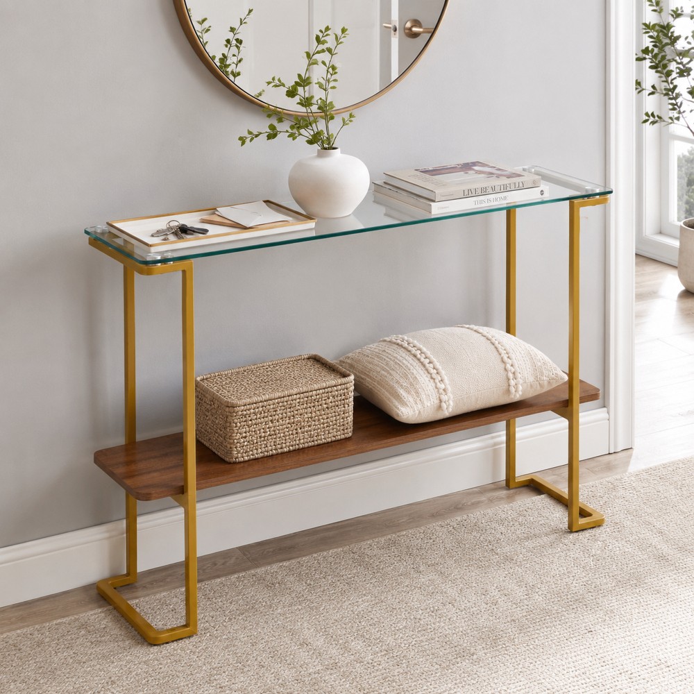 2-Tier Glass Console Table, Walnut & Gold Mid-Century Modern Sofa Table