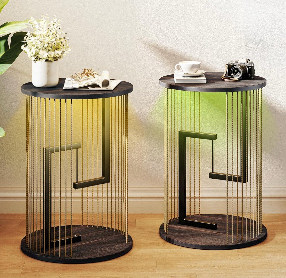 Set Of 2 Black Suspended Side End Table/Night Stand w/ LED Lights & Twine Rope