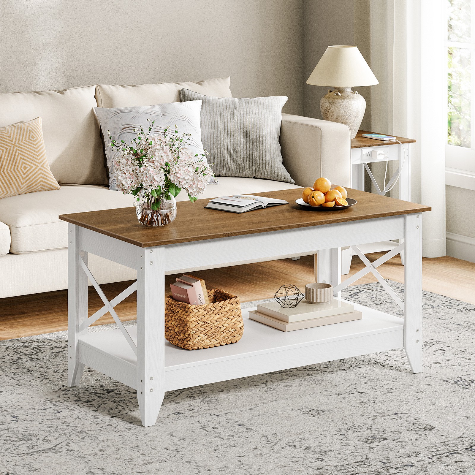 HOOBRO Farmhouse Coffee Table Coffee Table Center Table 39.4″L x 19.7″W x 19.9″H