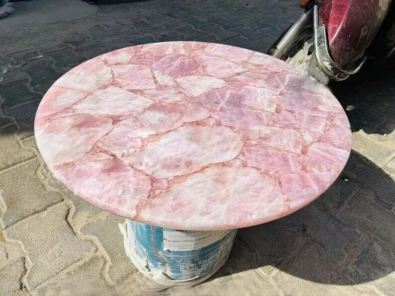 Round Rose Quartz Stone Coffee Table Top Crystal Handmade Furniture Home Dec
