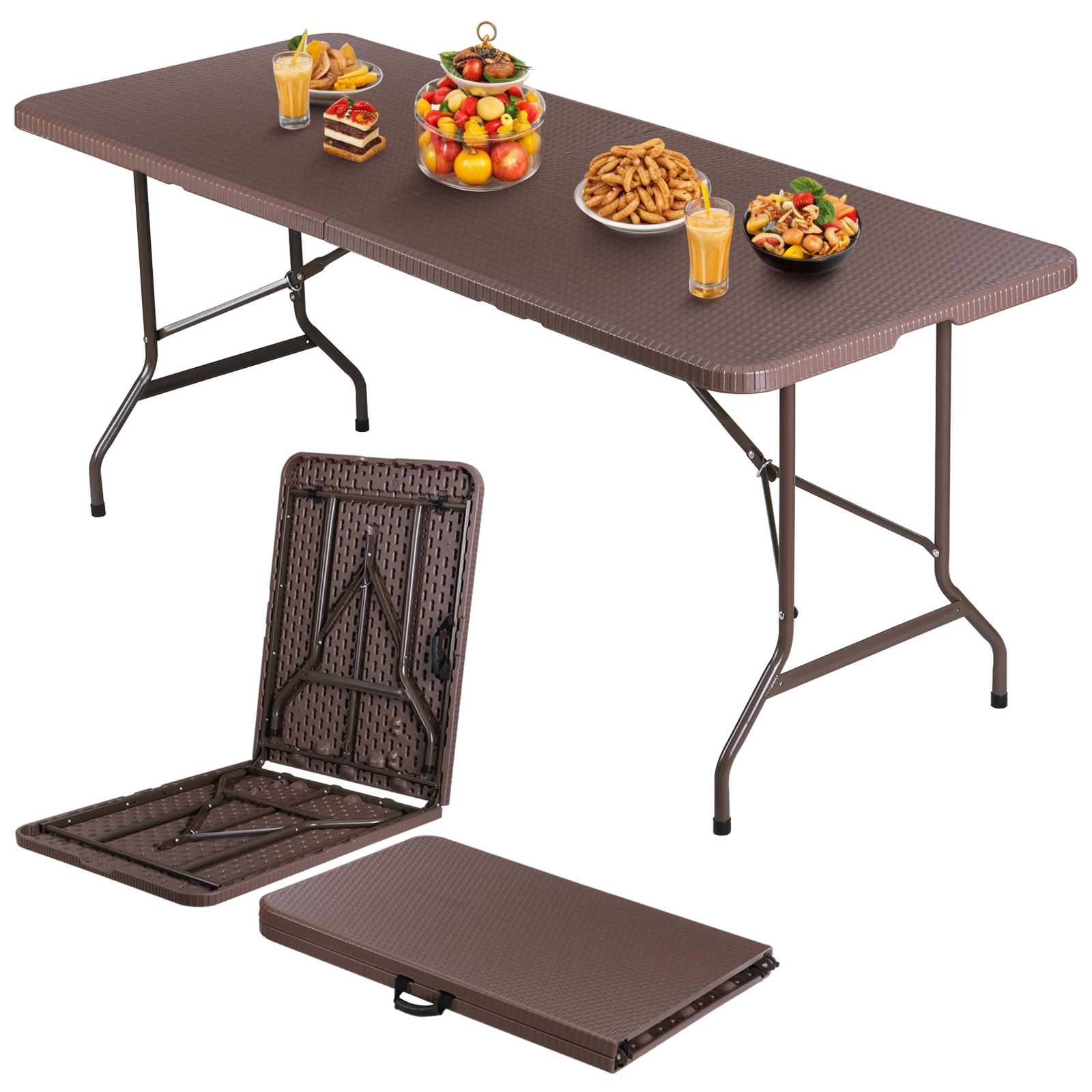 6FT Plastic Folding Table Portable Fold-in-Half Picnic Table with Handle Brown