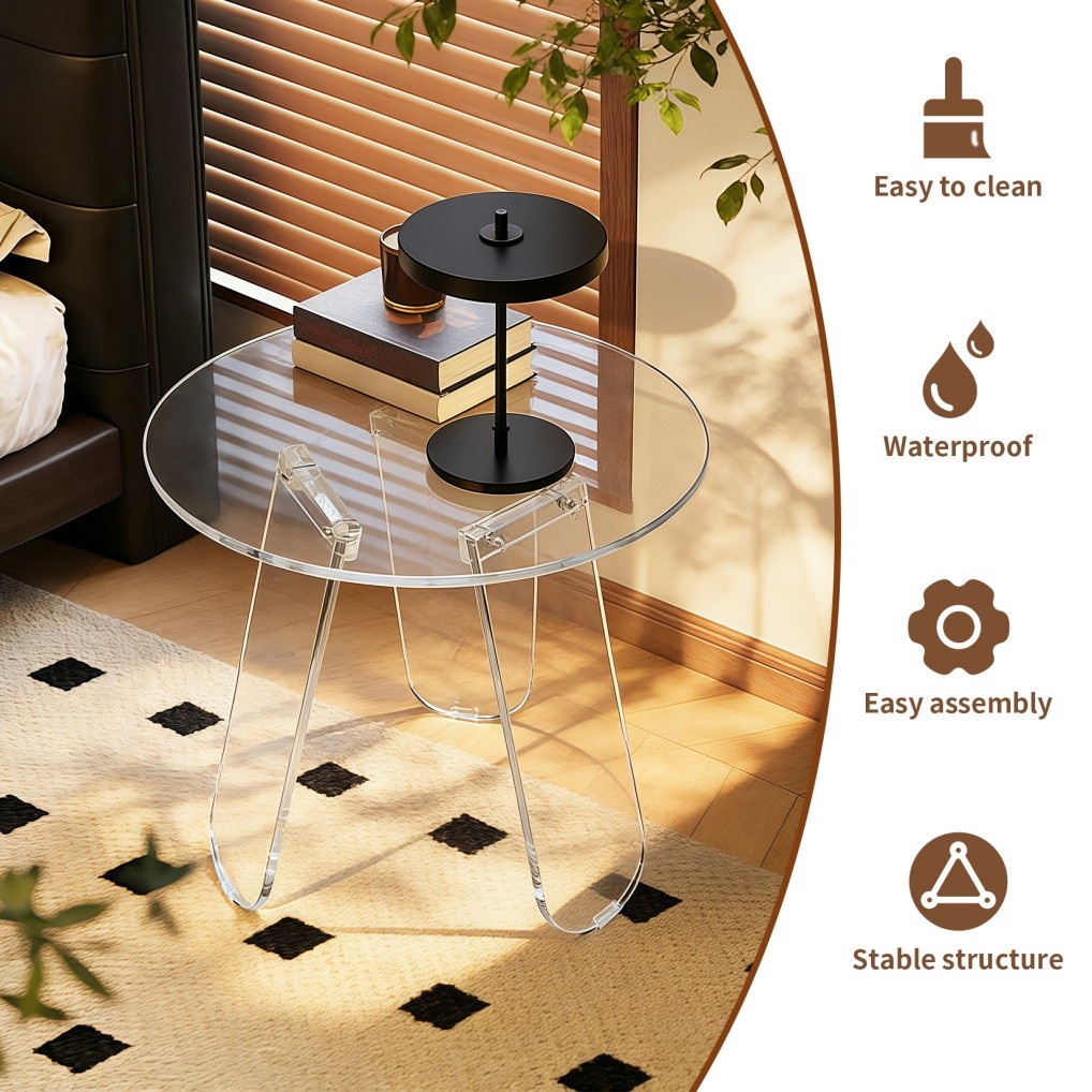 Acrylic Coffee Side Table Modern Round Bedside Sofa Tea End Tables w/ PVC Cover