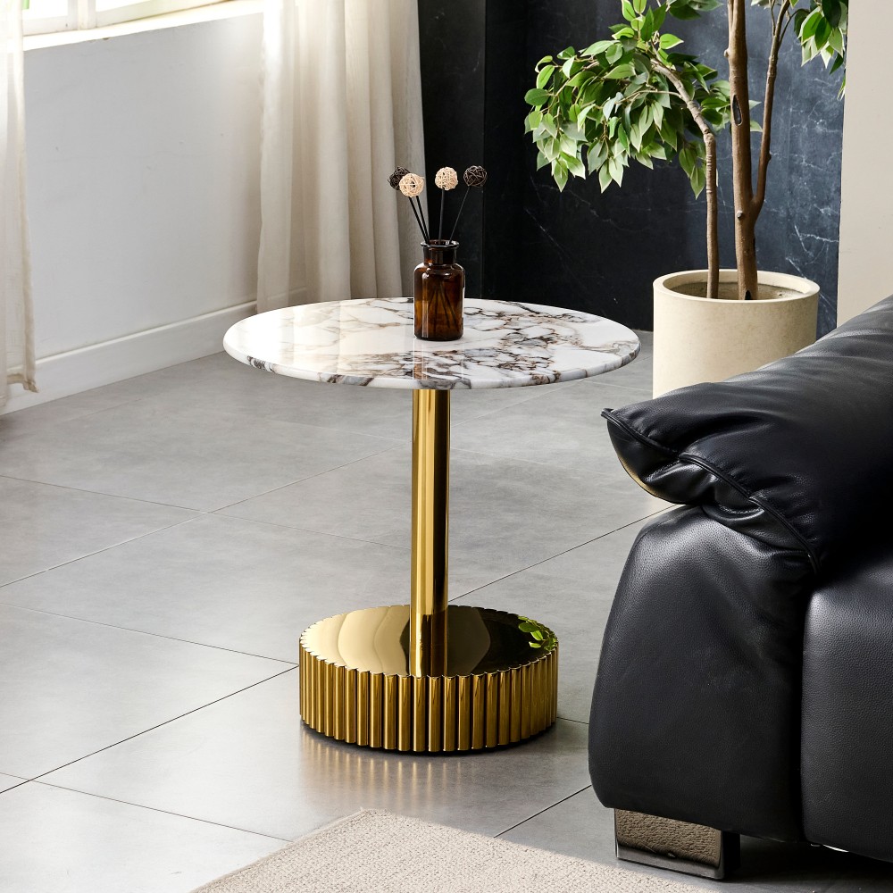 21.65″ Marble Glass End Table Nightstand Gold Stainless Steel Frame Bedroom Room