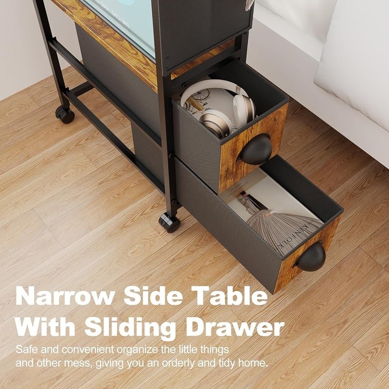 Narrow Side Table W/ Adjustable Feet Multi-Functional Storage Unit & Wheels New