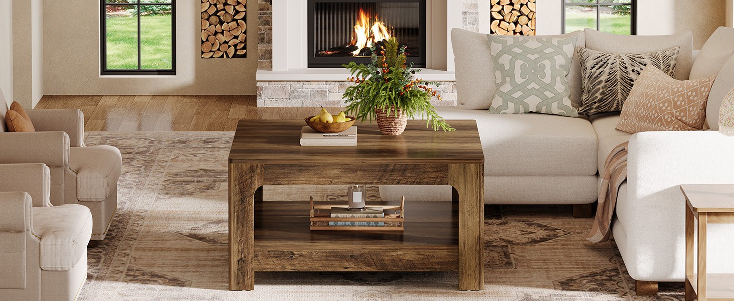 Square Coffee Table with Storage, 39.4-Inch Large Farmhouse Wooden Center Tea
