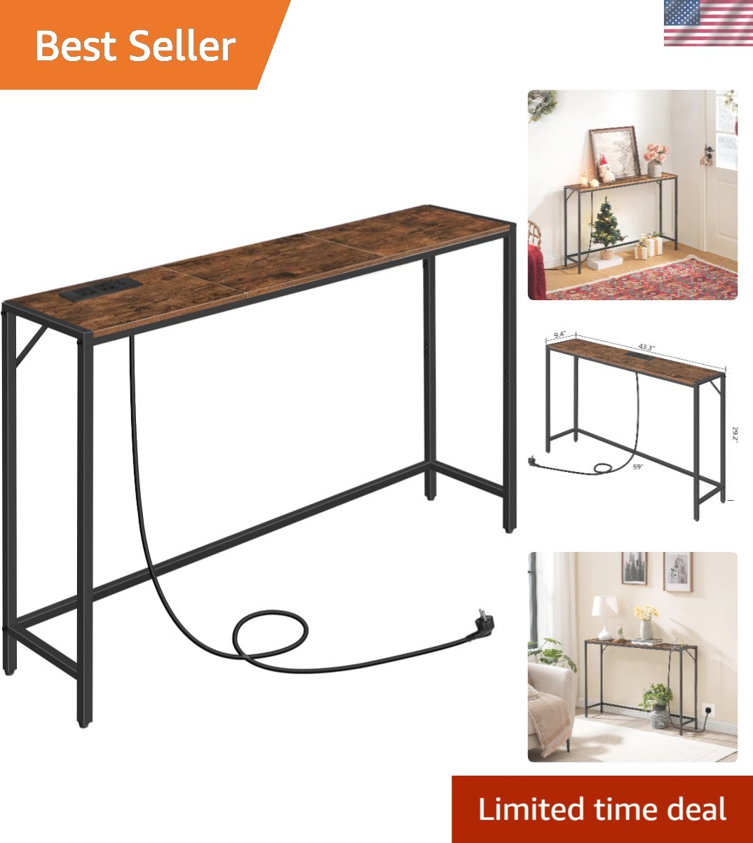 Console Table Narrow Sofa Entryway Table with Power Station Rustic Black