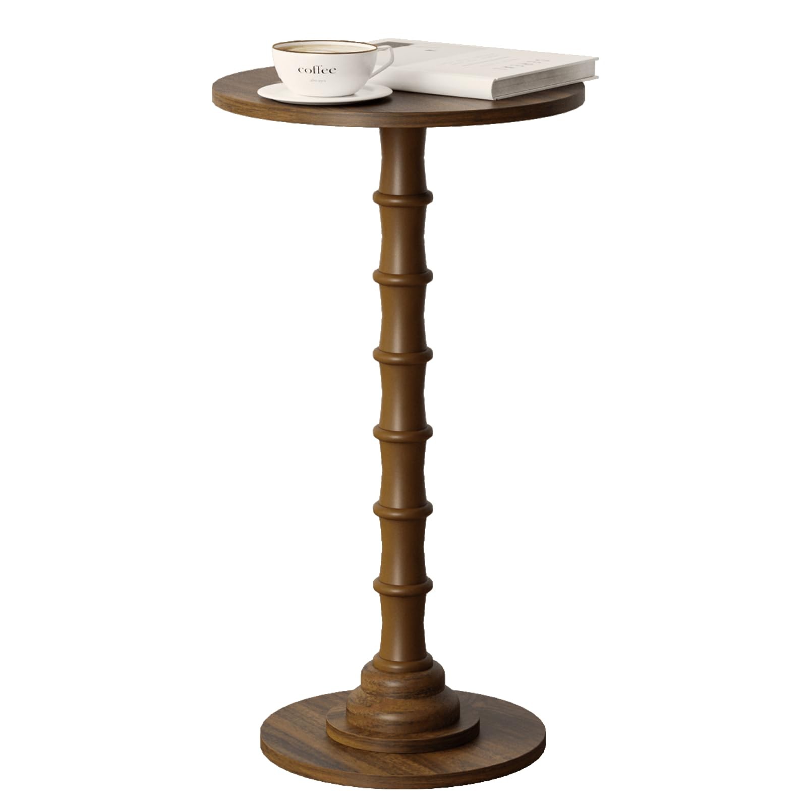 Modern Round Drink Side Table Small Spaces Slim End Solid Wood Leg Walnut Brown