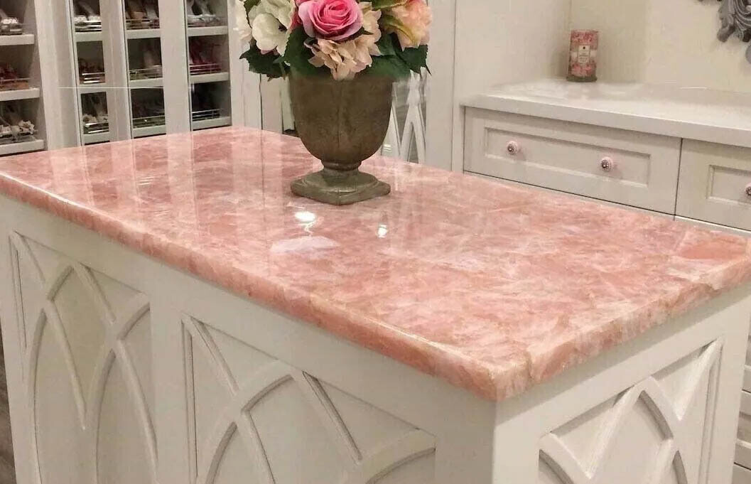 Pink Rose Quartz Dining Table, Rose Quartz Coffee Table, Quartz Counter Top Deco