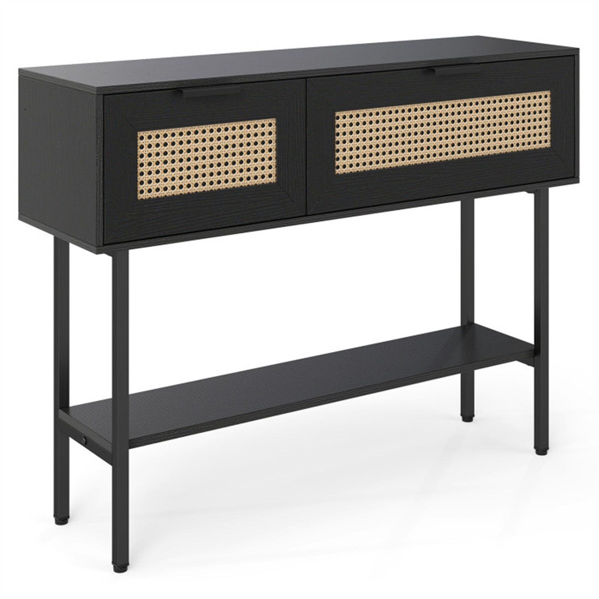 40″Black Rattan Console Table–2 Storage Cabinets & Open Shelf,Carbon Steel Frame