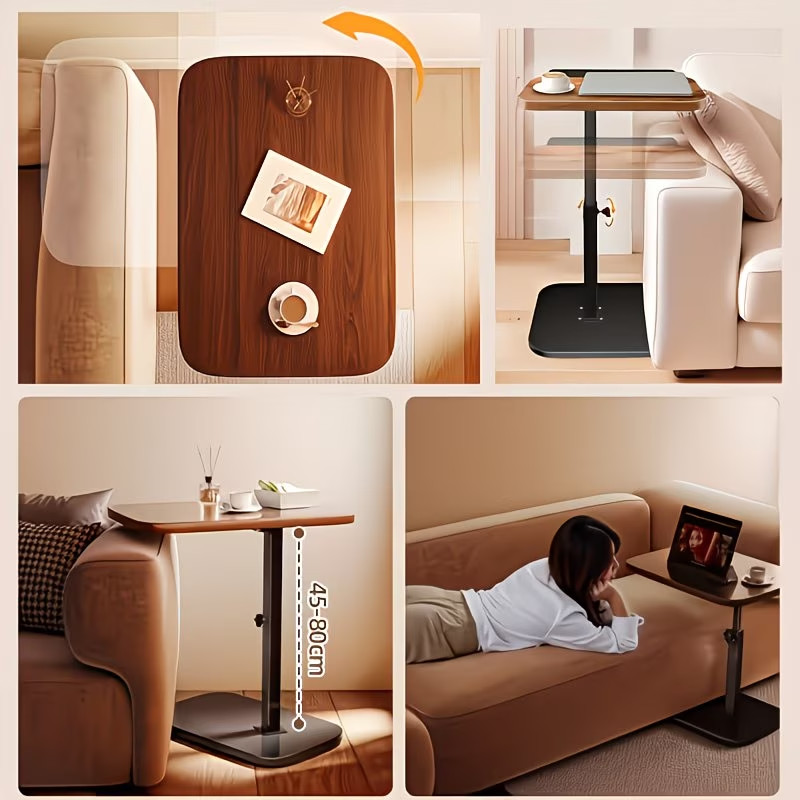 Walnut C-Shaped Sofa Side Table Adjustable Laptop Desk & Snack Tray for Bed/Couc