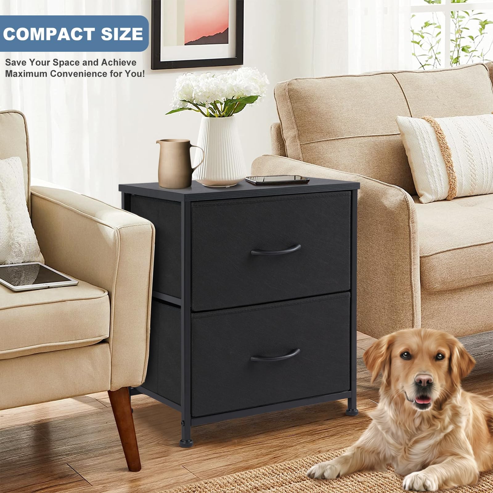 DUMOS Nightstand Small Dresser with 2 11.8″D x 18″W x 20″H (2 Drawers), Black