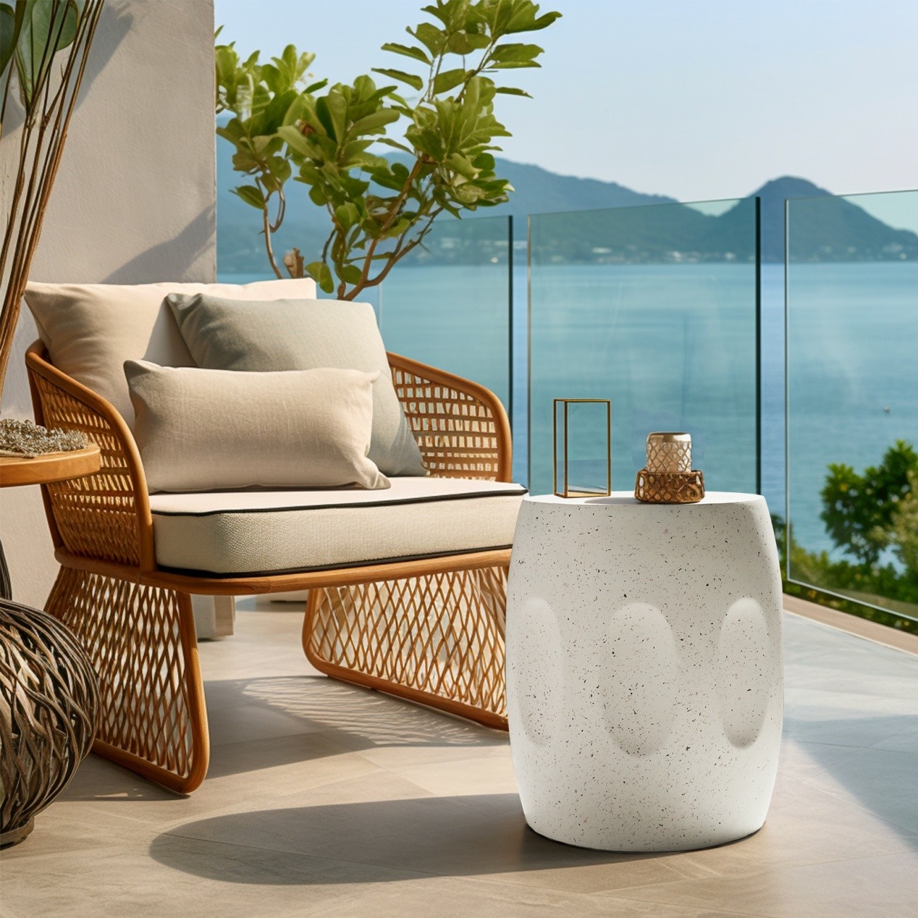 Lightweight Round Concrete Side Table Outdoor Indoor Accent Patio Living Room