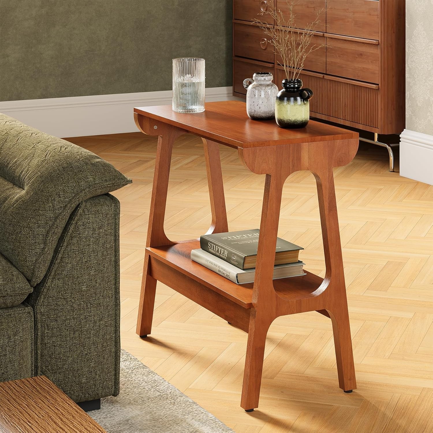Narrow Solid Wood End Table, Small Wooden Side Table with 2-Tier Storage Shelves