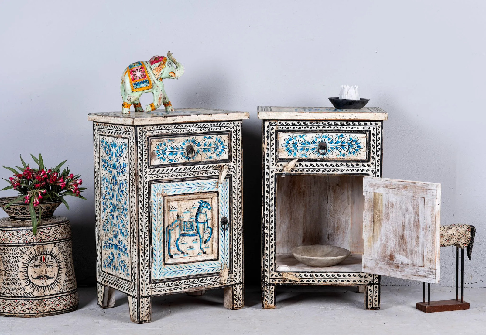 Artisan Handmade Bedside Table Solid Wood Hand Carved 17.7 × 13.8 × 27.6 inches