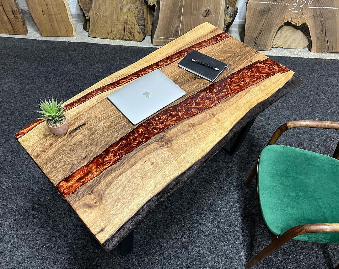 Brown Epoxy River Table ? Live Edge Walnut Wood Handmade