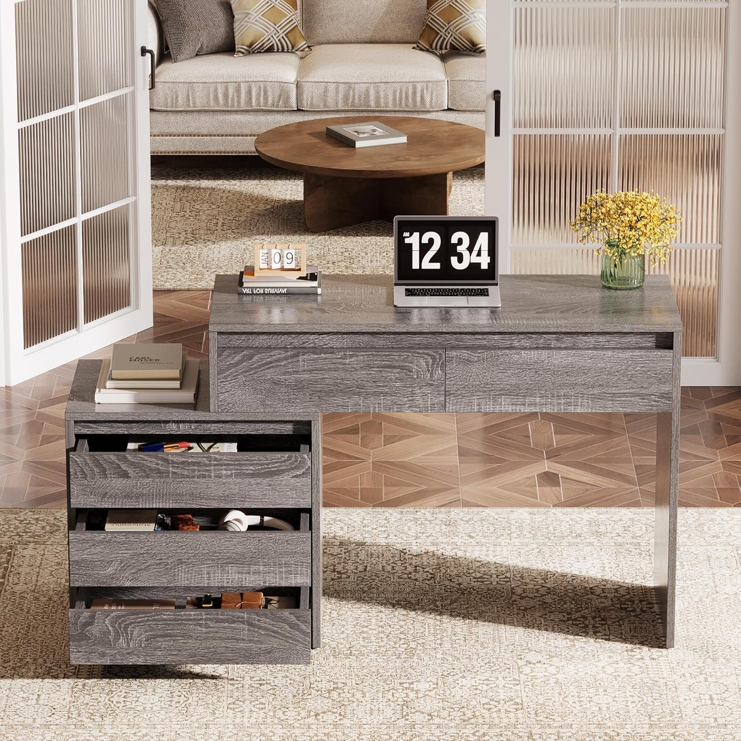 Computer Desk with 5 Drawers Industrial Executive Home Office Desk Writing Table