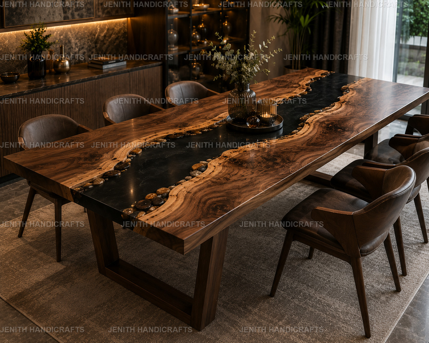 Black Epoxy River Dining Table Live Edge Walnut Wood Handmade Dining table