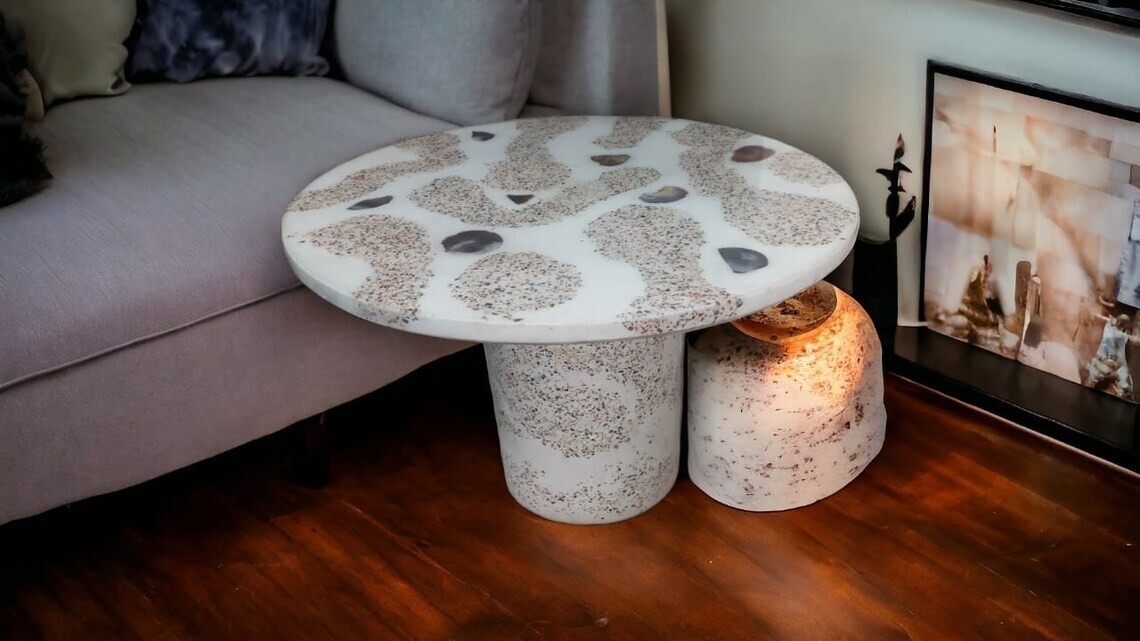 White Terrazzo Coffee Table Top with multi colour swirl pattern and agates Table