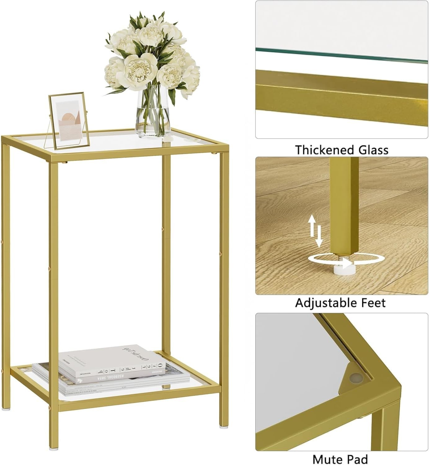 Versatile 2-Pack End Tables in Polished Gold with Glass Top & Adjustable Feet