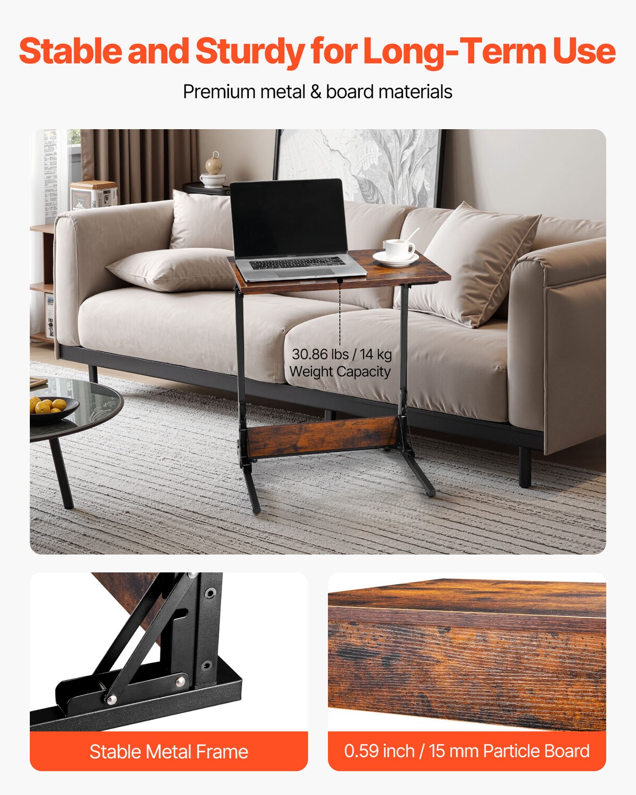 VEVOR C Table with Metal Frame & Adjustable Feet Folding C Shaped End Table