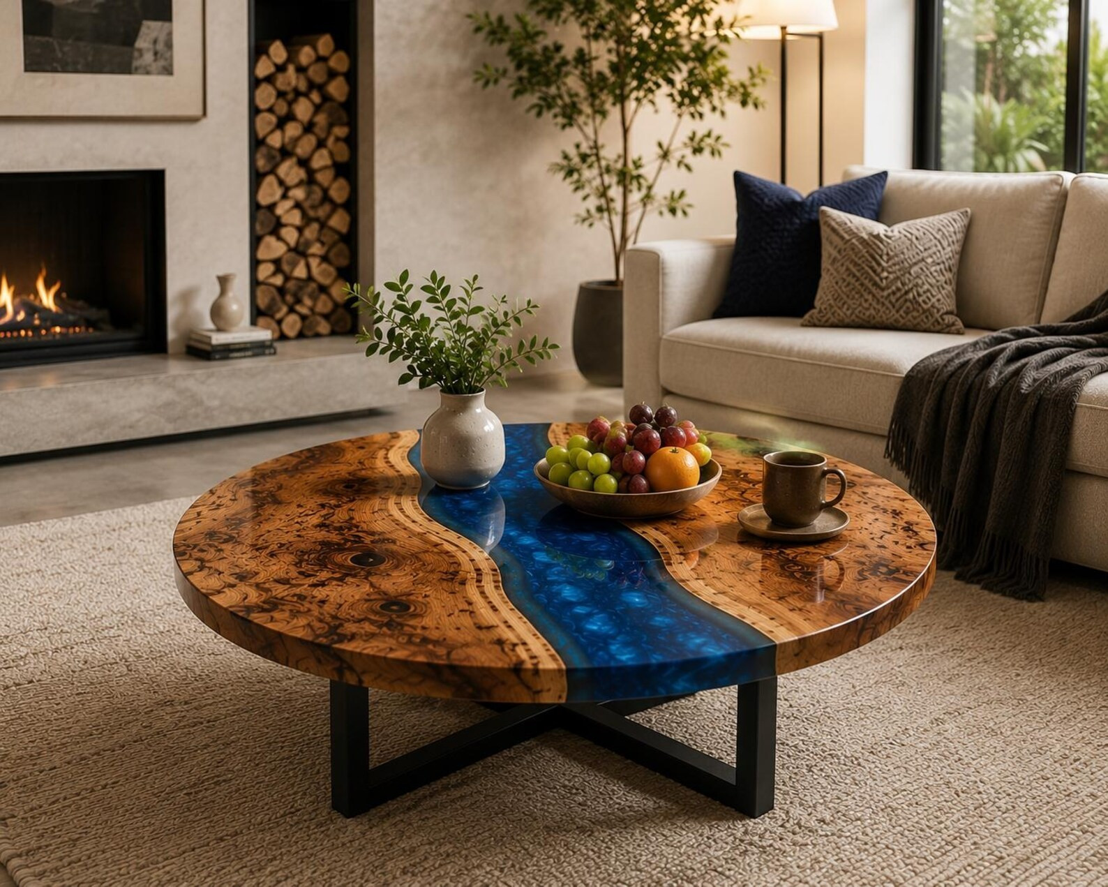 Blue Resin River Coffee Table Handmade Wood Epoxy Table Luxury Living Room