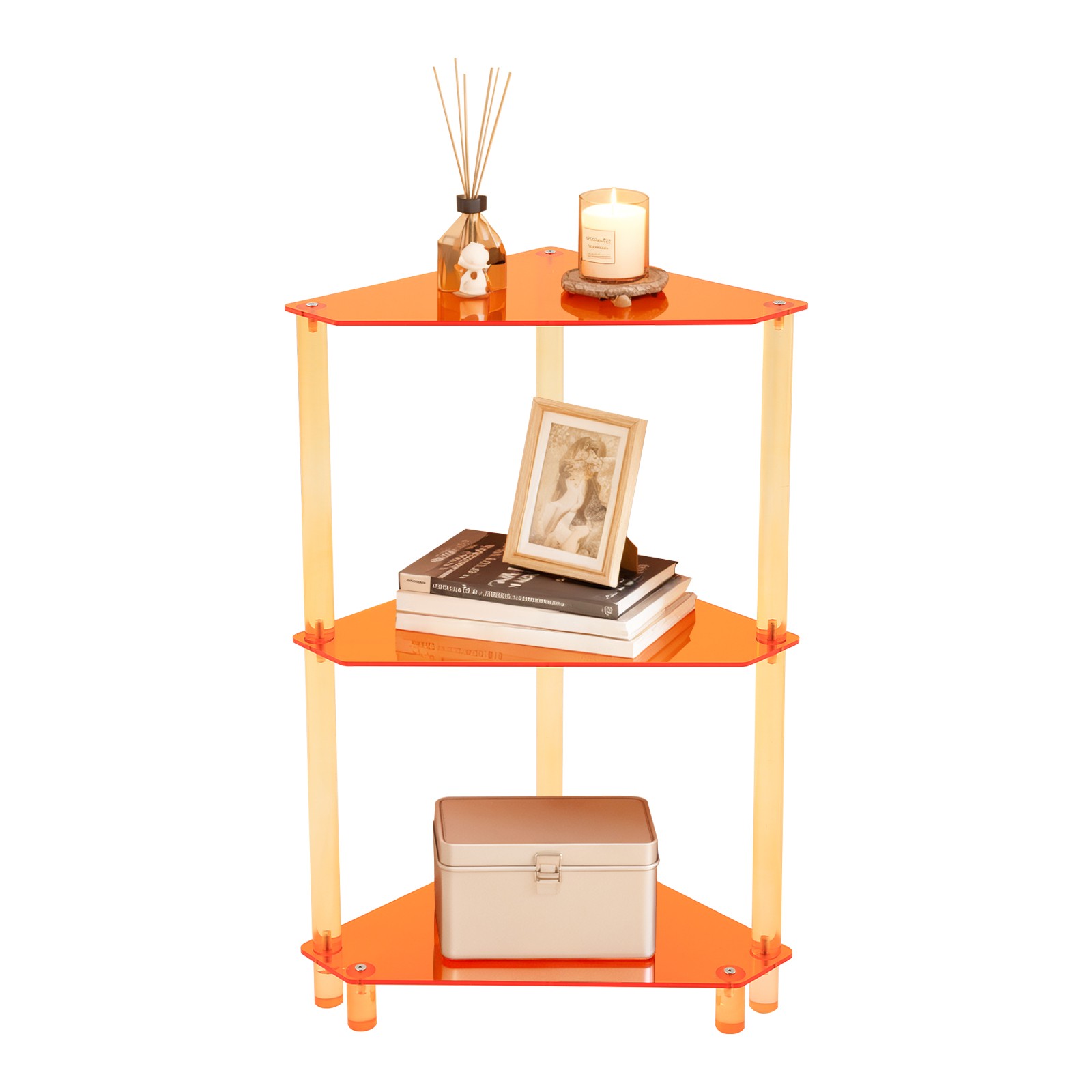 3 Tier Acrylic Living Room Side Table 11.8*11.8*26in Triangle End Table Orange