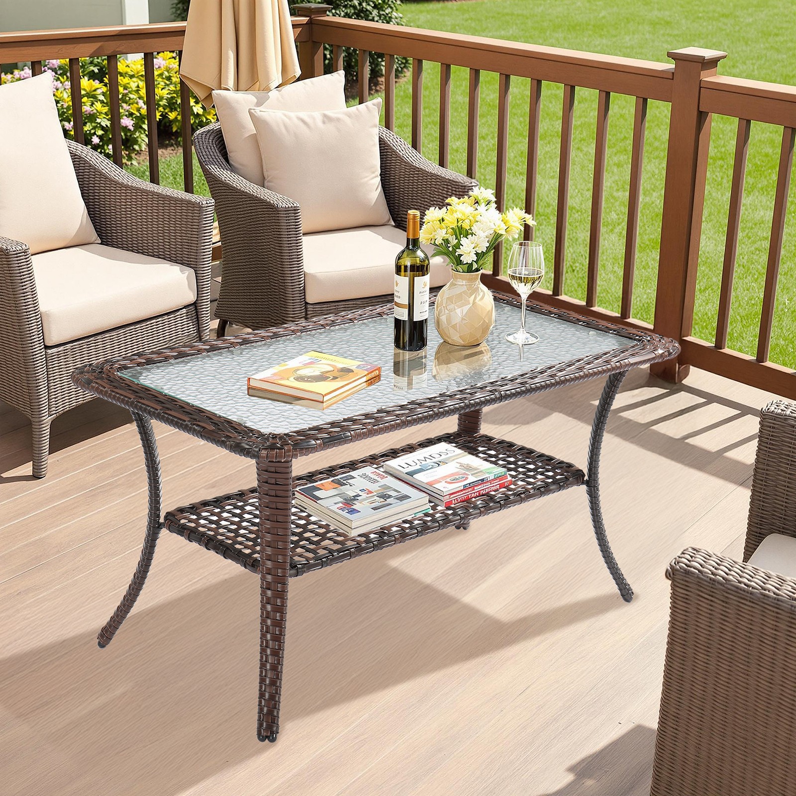 Outdoor Wicker Side Table Rattan End Patio Coffee Bistro Table for Porch Balcony