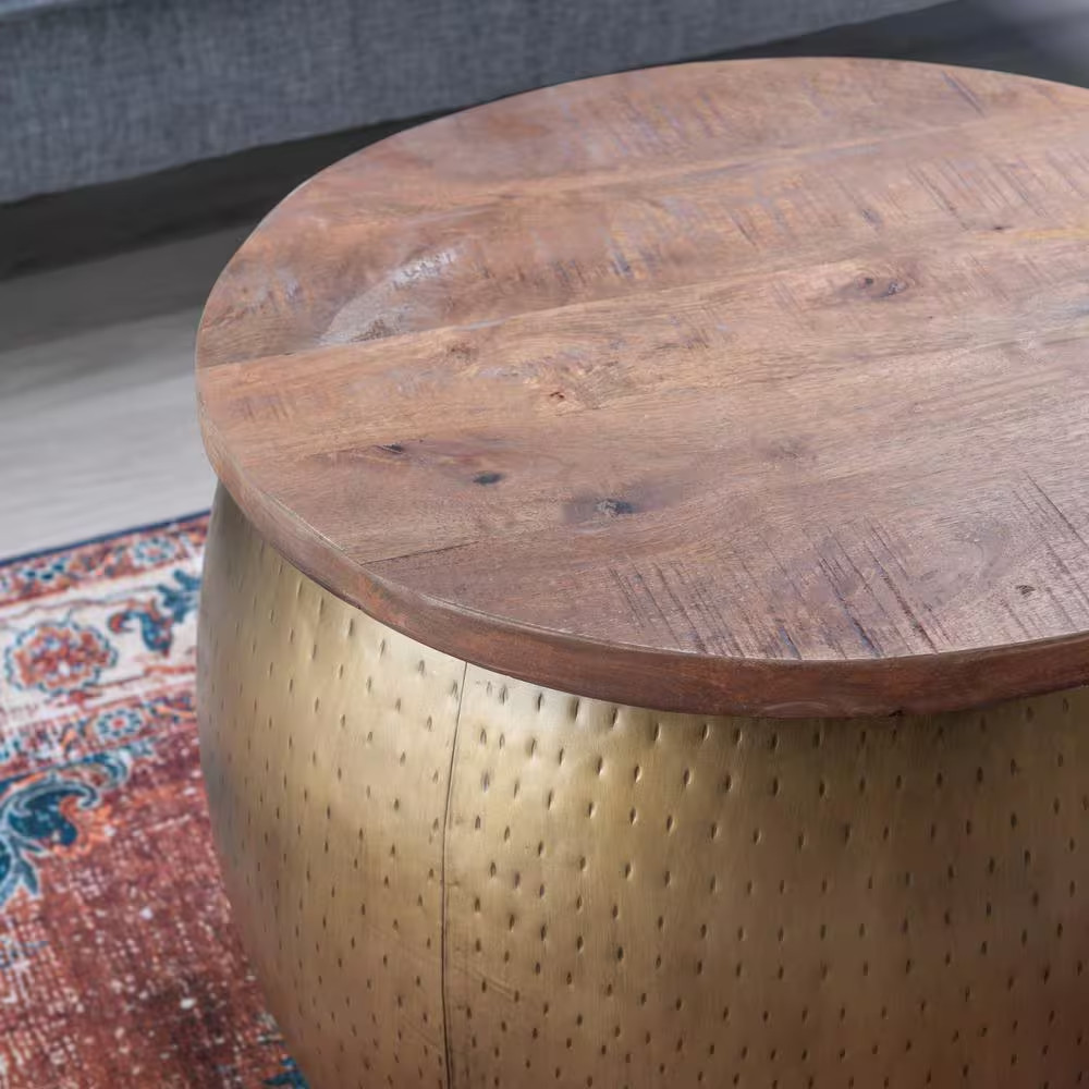Wagner Metal 27.5 In. Large Brass round Wood Top Coffee Table with Storage