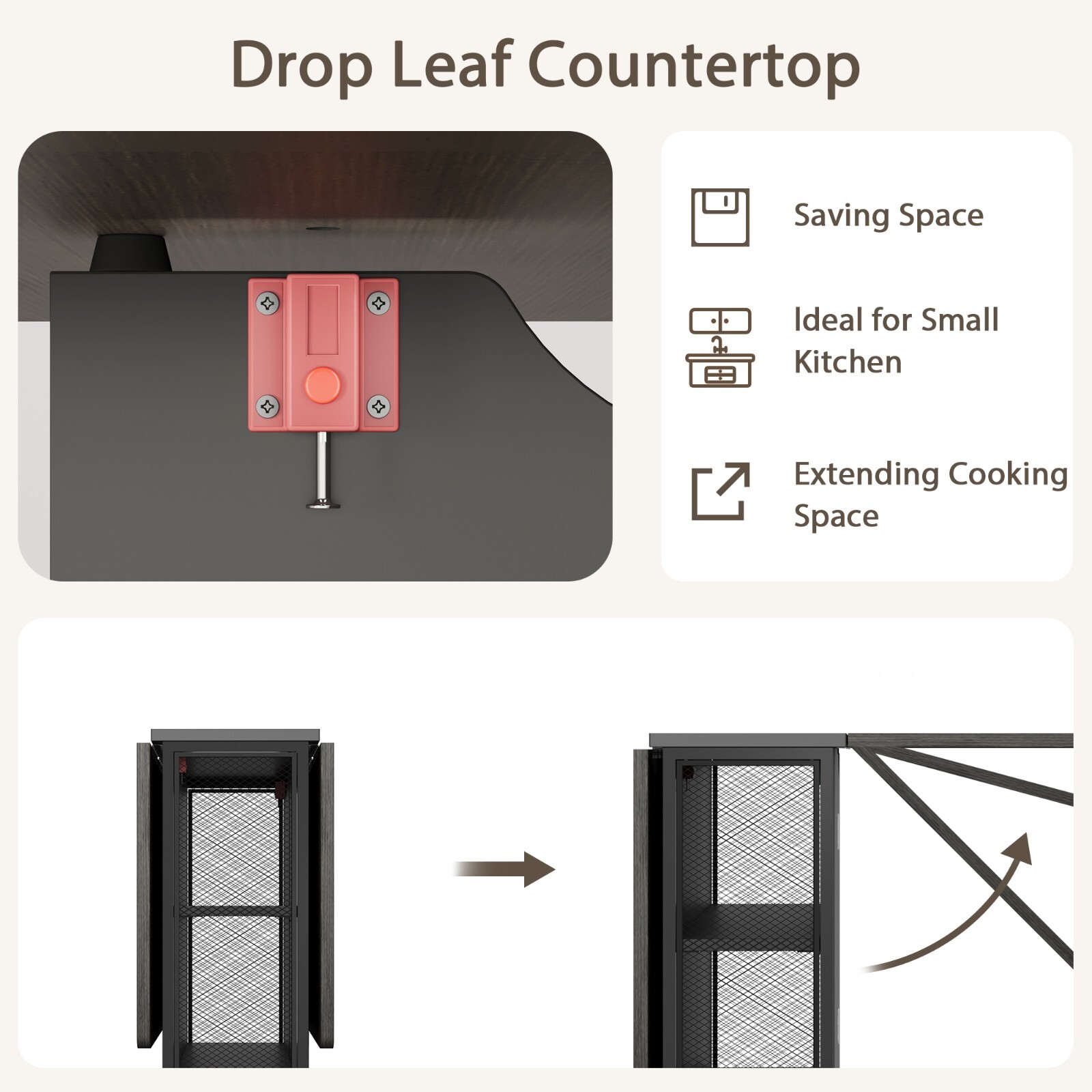 Folding Dining Table with Drop Leaf Storage Racks for Small Kitchen Space Saving