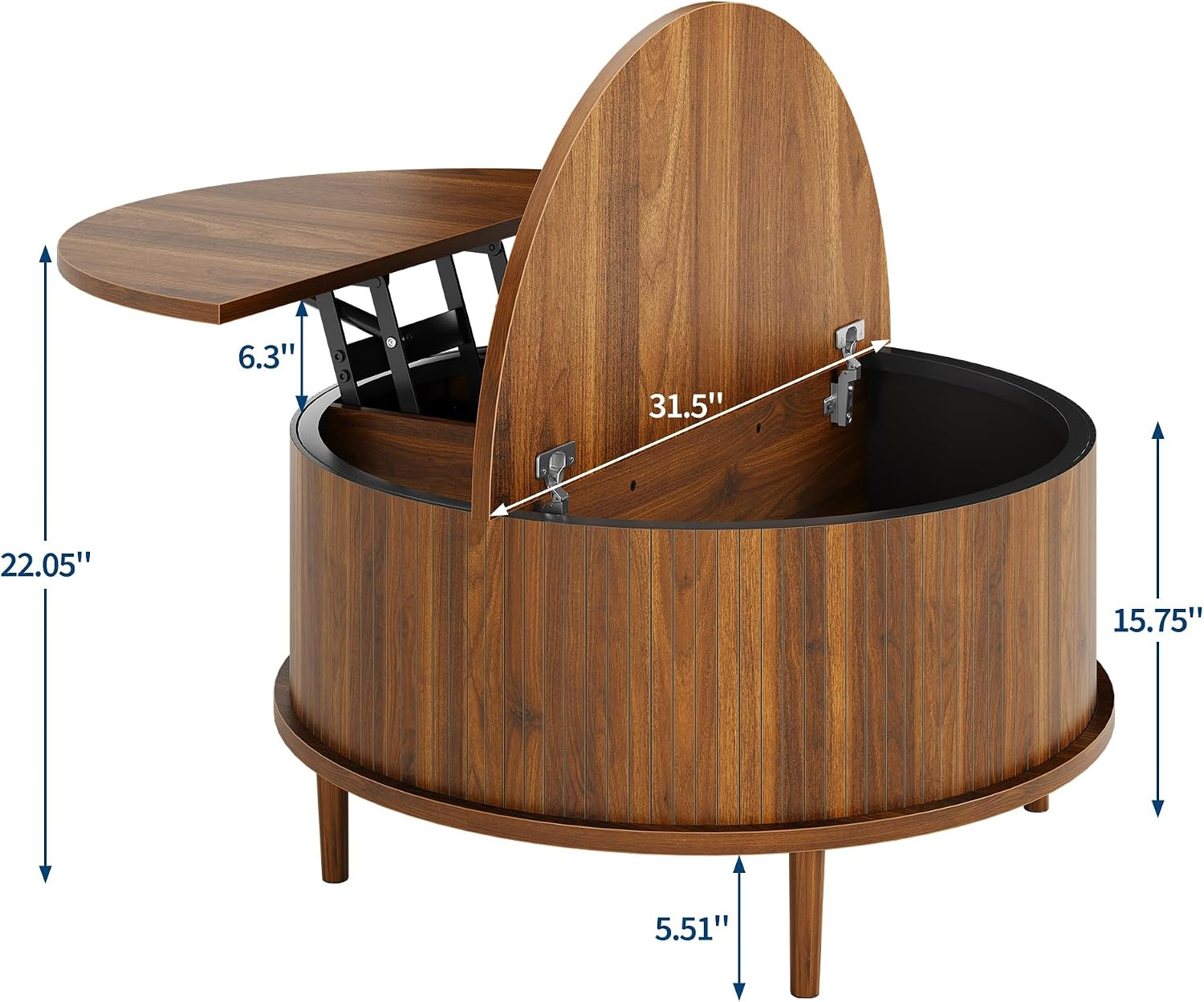 Lift Top Round Coffee Table with Storage – Walnut Modern Farmhouse Design
