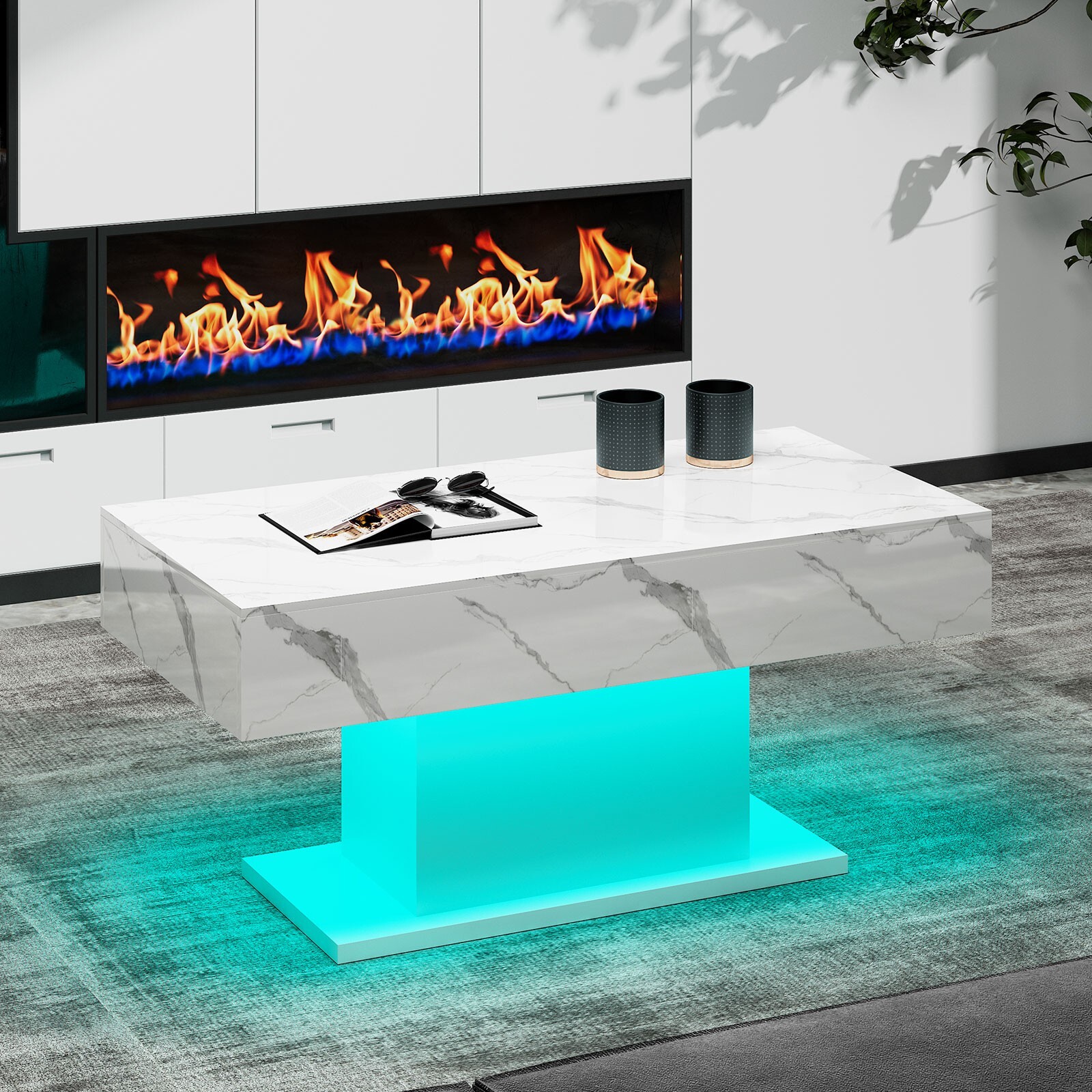 LED Coffee Table with Lights Center Cocktail Table Living Room High Gloss Marble