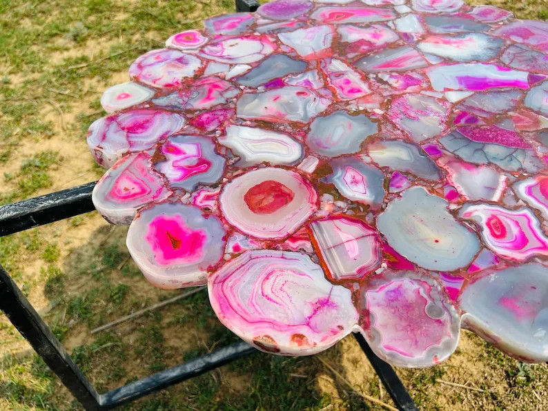 Pink Agate Round Scalloped Table Handmade Luxury Gemstone Accent Table 24″