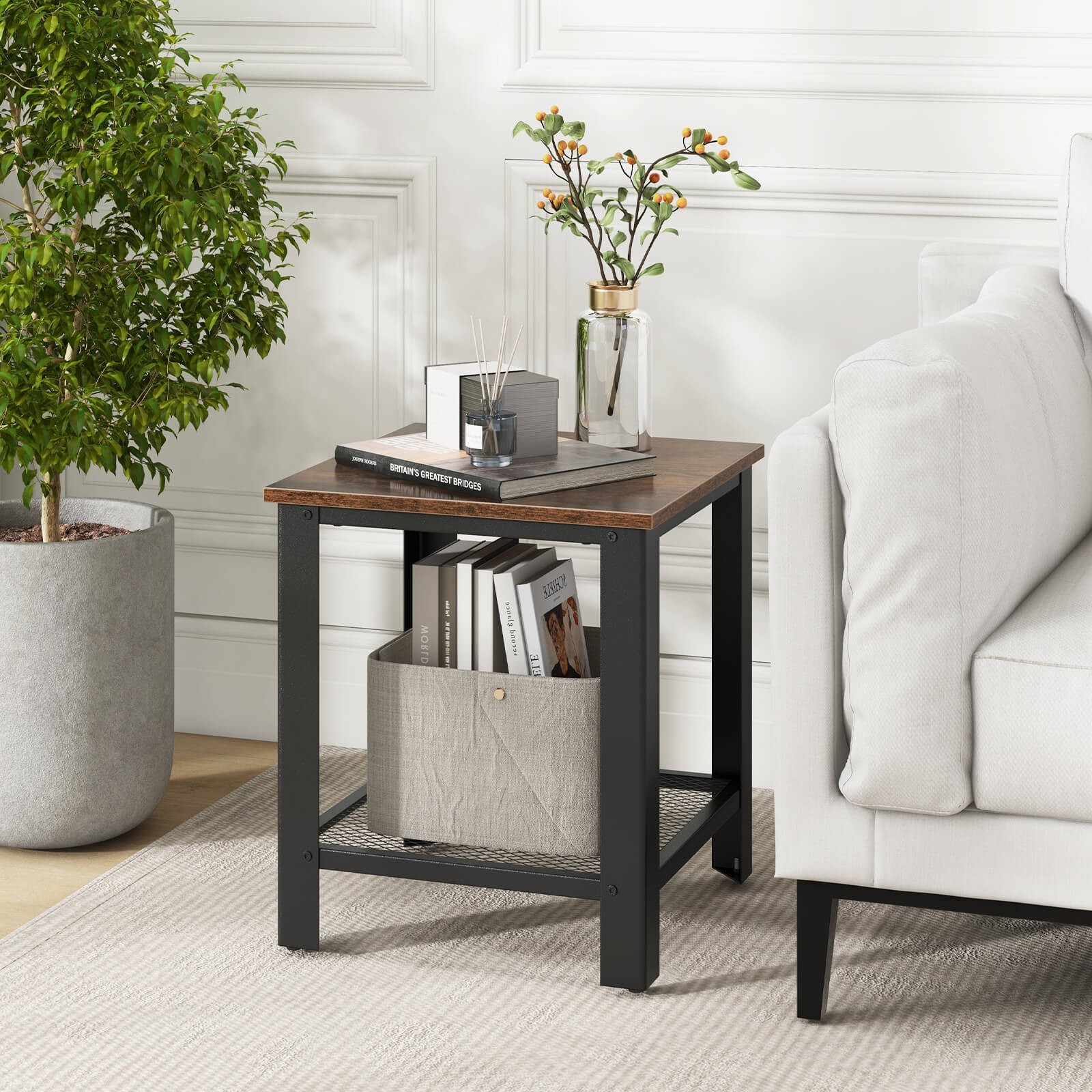Industrial End Table 2-Tier Side Table W/Storage Shelf Rustic Sofa Table Black