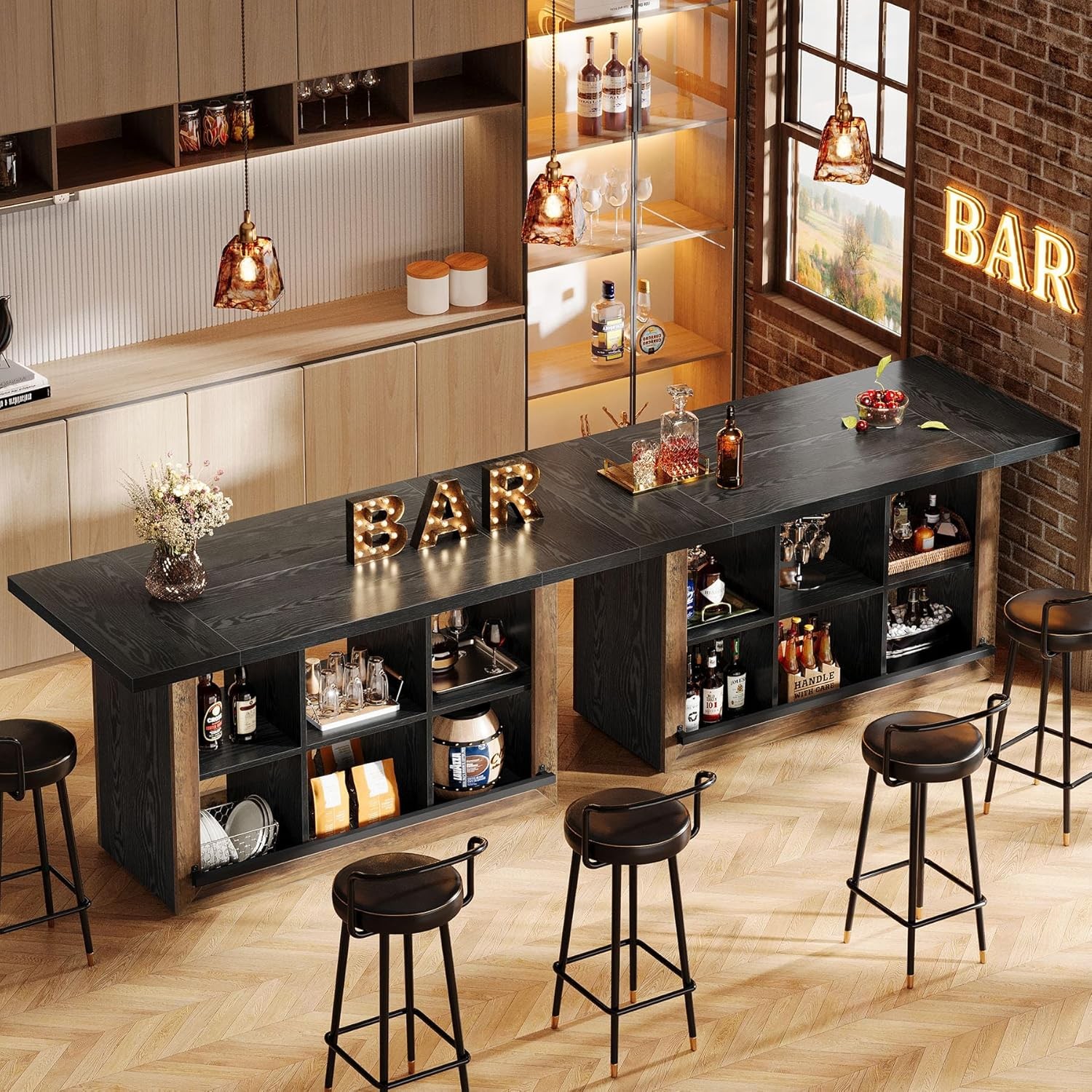 62.6” Rectangular Bar Table Large Home Bar Cabinet Unit with 6 Spacious Cubbies