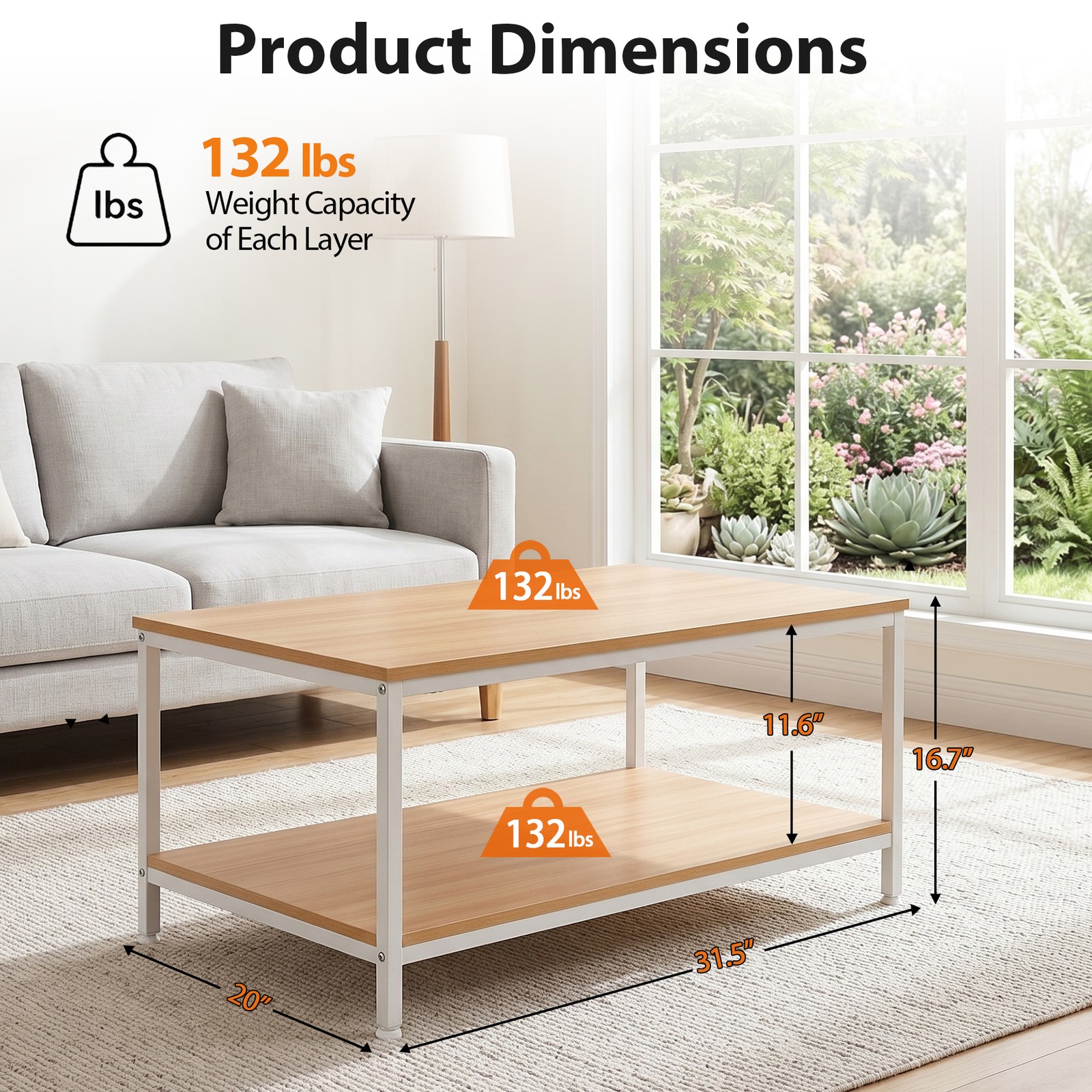 2-Tier Rectangular Coffee Table MDF Side End Table with Metal Frame Light Oak