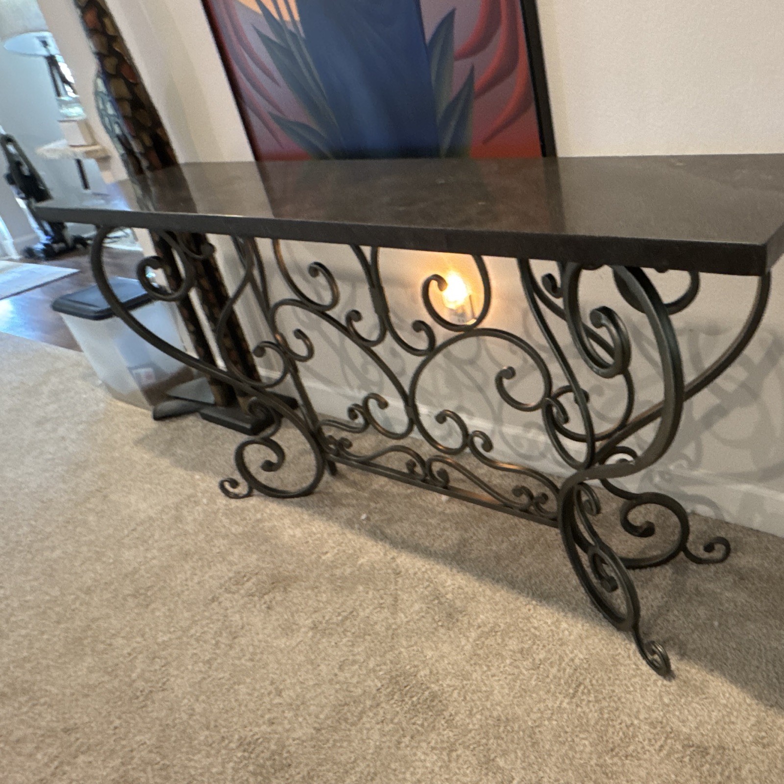 Black Metal Console Table w/ Matte Scroll Base & Marble Top 68x16x34 Modern