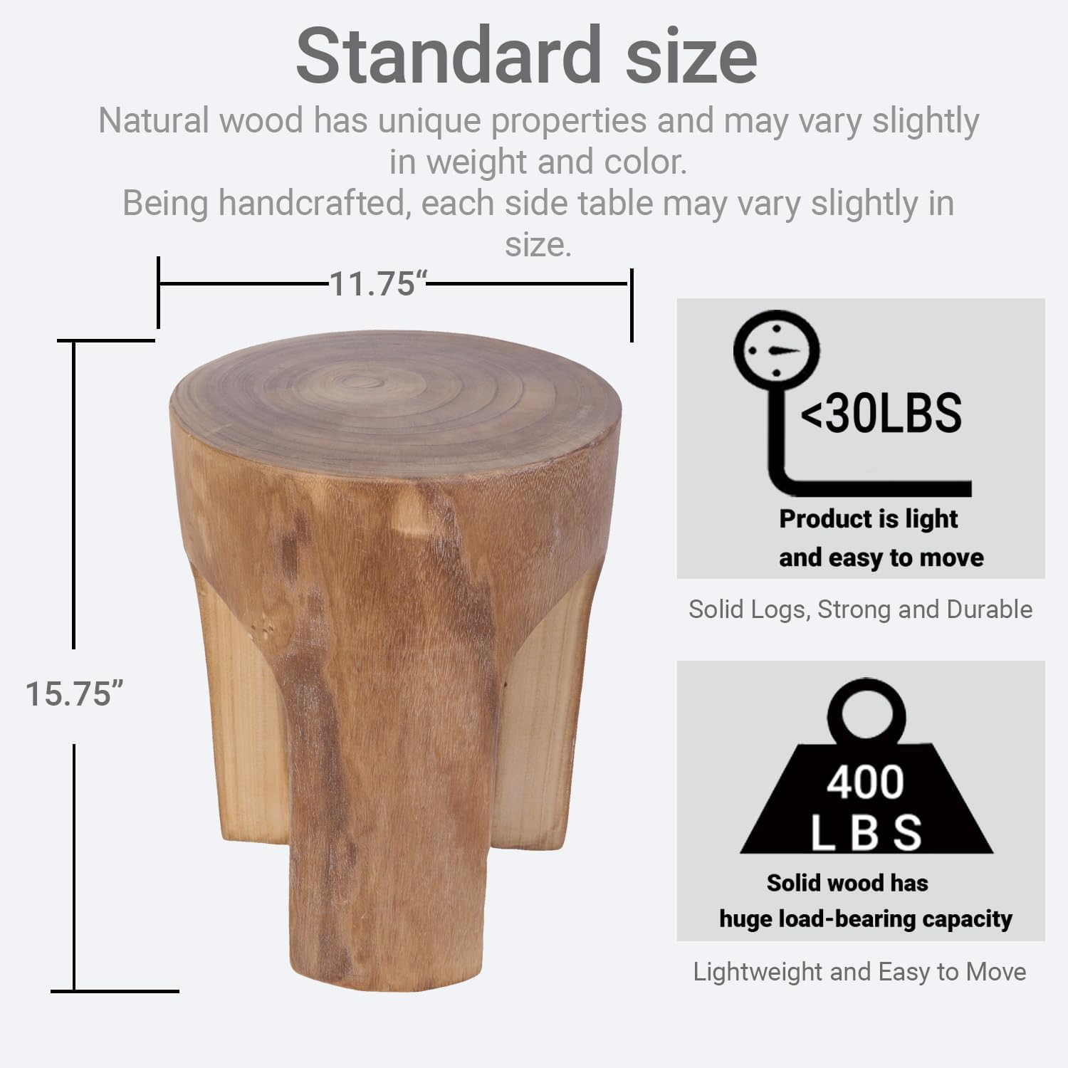 Small Solid Wood Accent Table, Handcrafted Rustic Wooden Side Table for Sofa, Pl