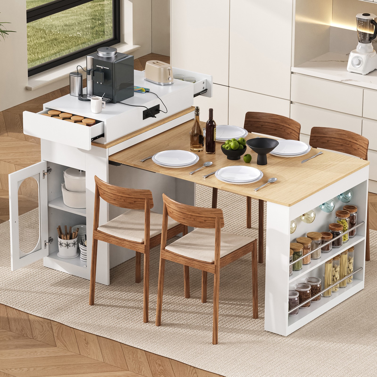Extendable Dining Table with Folding Top, Drawers & Power Outlet