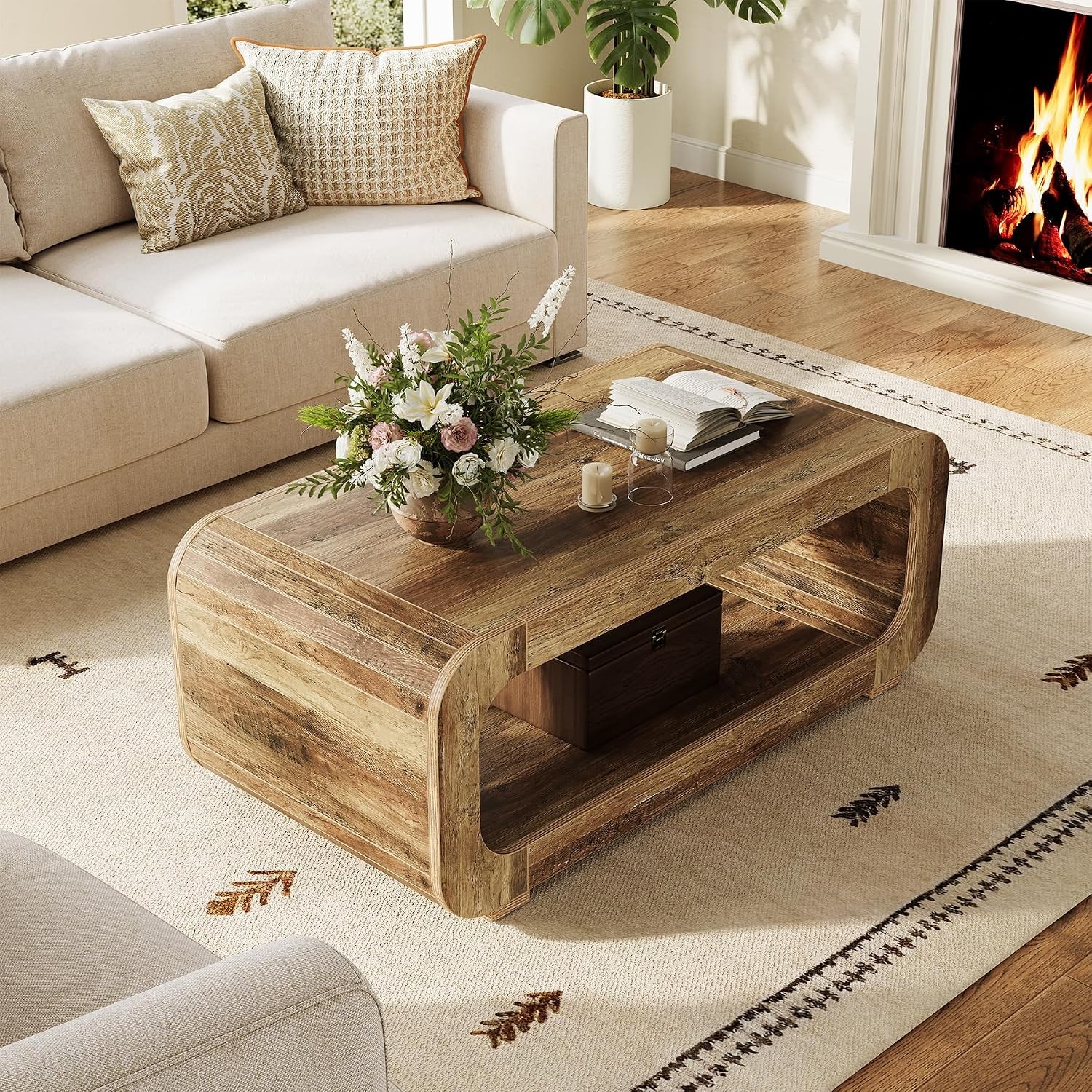 47” Modern Coffee Table 2-Tier Wooden Rectangular Center Table for Living Room