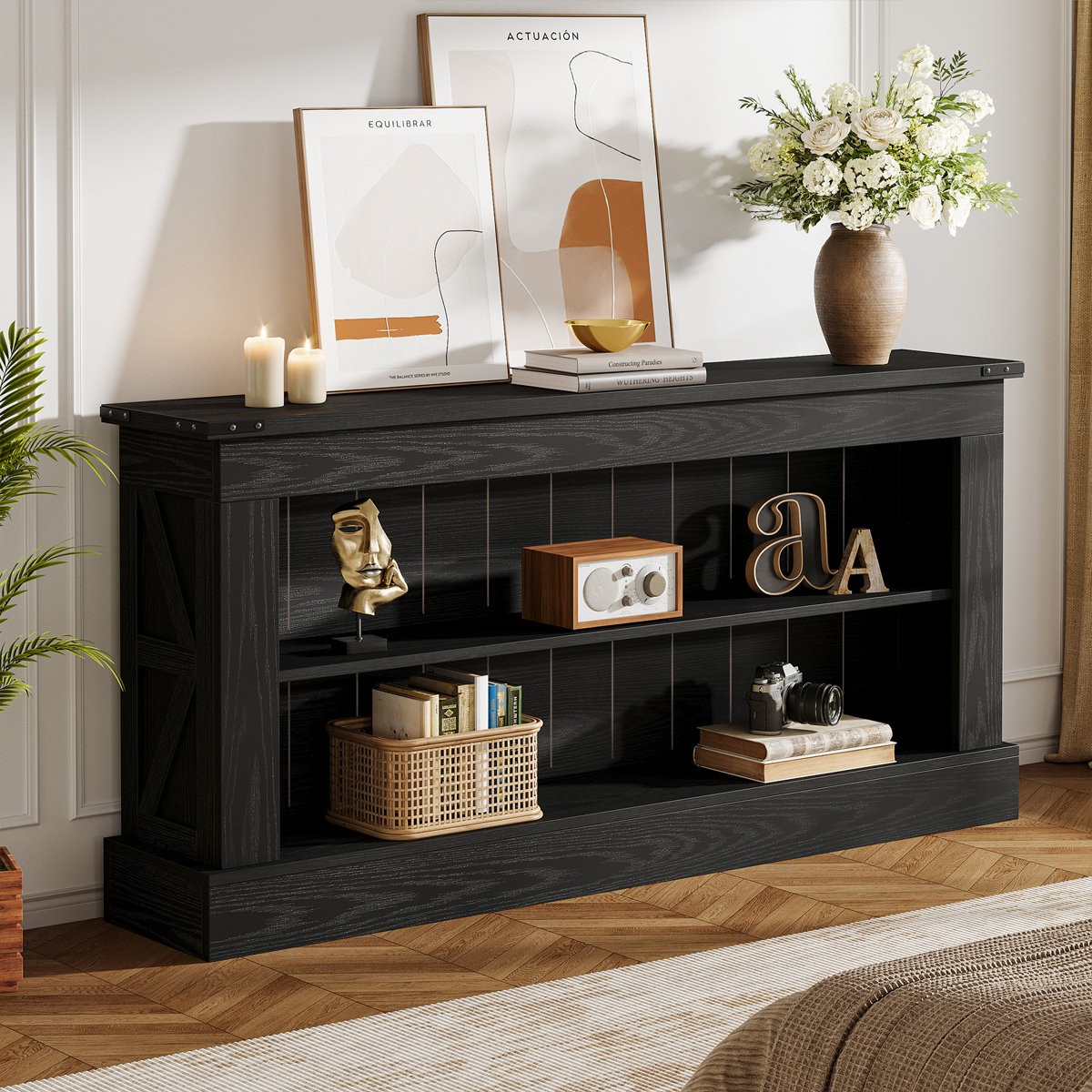 63-Inch Long Console Table for Entryway, Narrow Long Entry Table with Shelves
